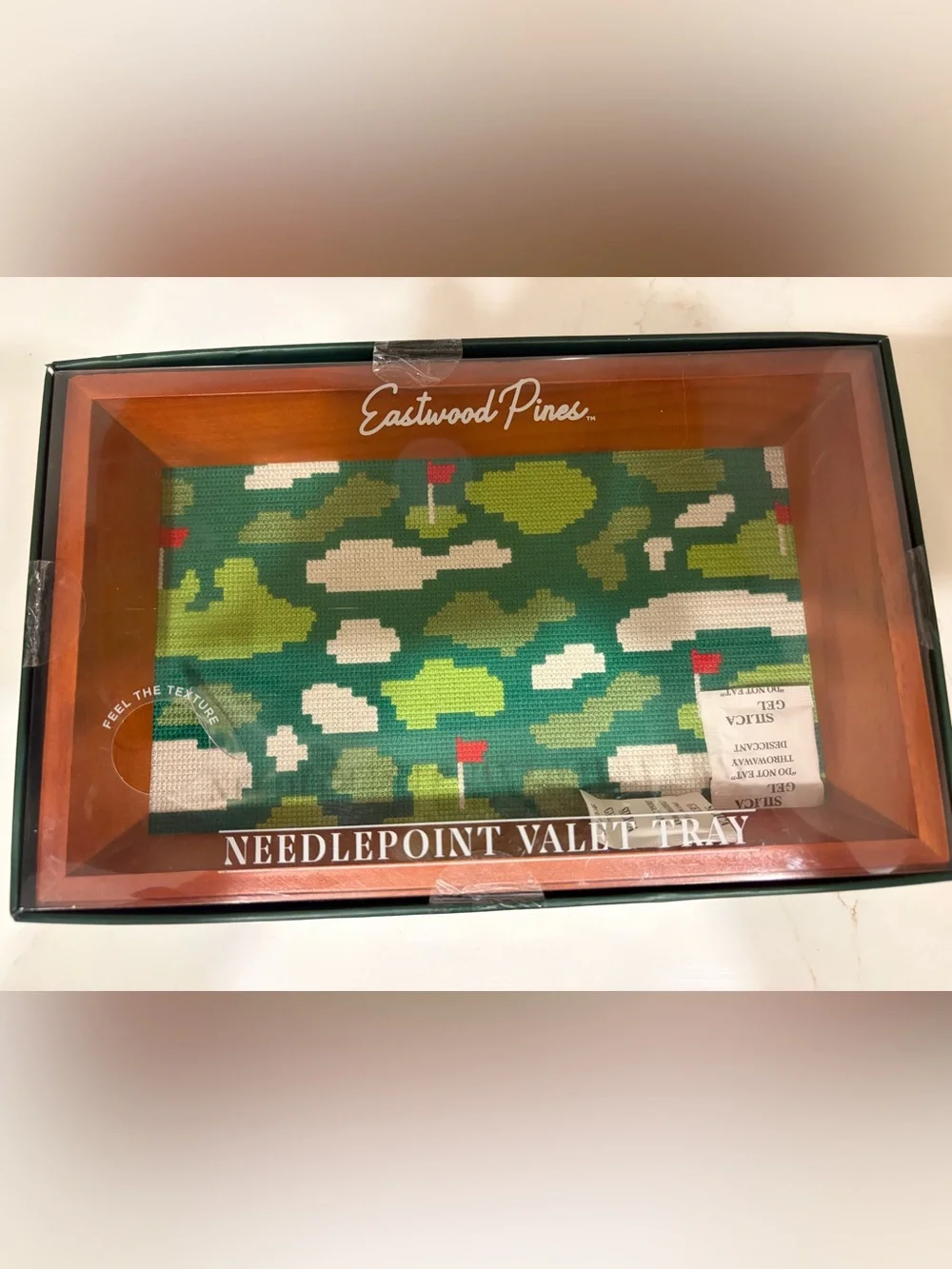 Eastwood Pine Golf Themed Green Needlepoint Valet Tray NIB Catch All